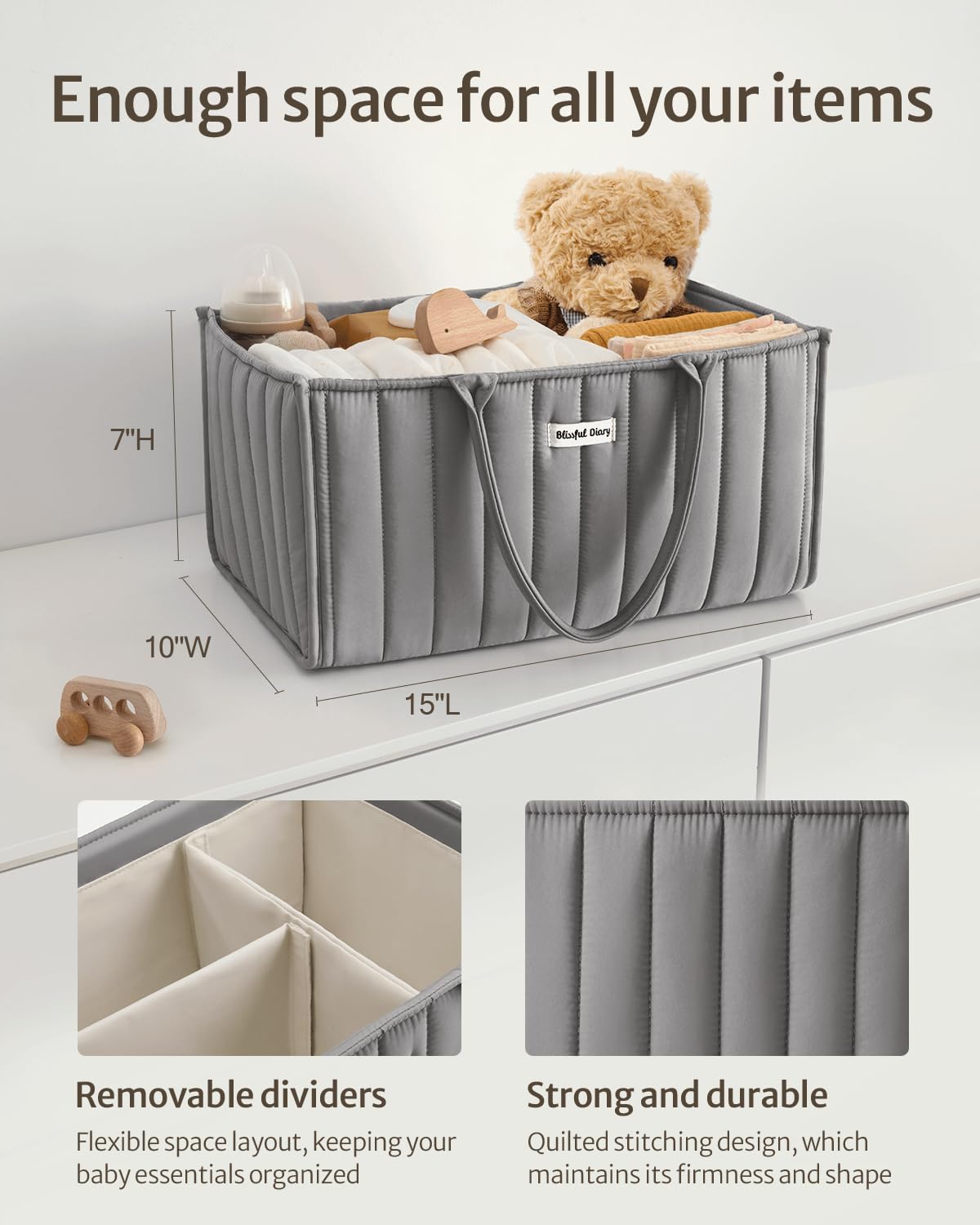 Blissful Diary Baby Diaper Caddy Organizer, Stylish Storage Basket for Newborn Essentials and Diaper Station, Gift for Baby Shower and Registry Must-Have, Light Gray