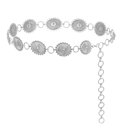 LEACOOLKEY Women Turquoise Concho Chain Waist Belt Silver Western Cowgirl Metal Chain Belt for Dress Adjustable