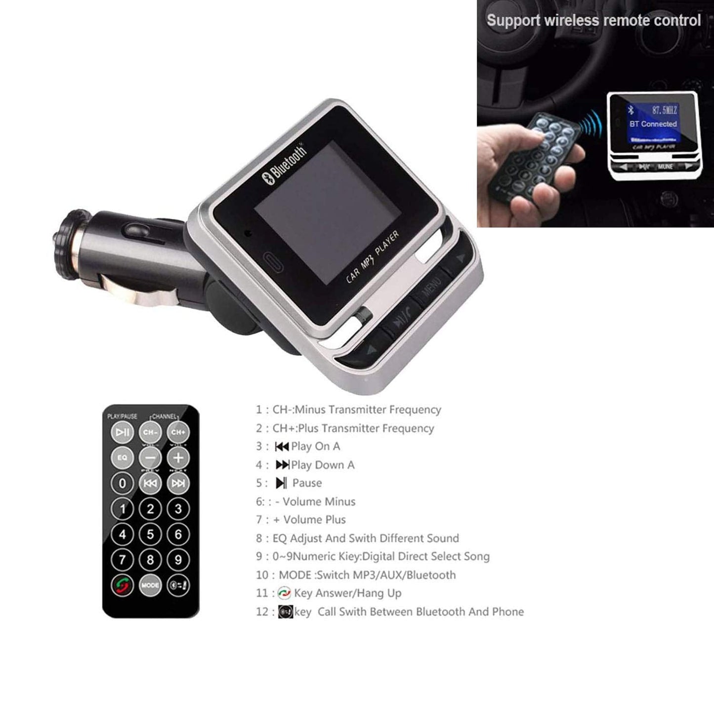 Bluetooth FM Transmitter for Car, Wireless Car Radio Adapter, Handsfree Auto Kit with Remote Control, MP3 Music Player Support USB Charger Siri Google Assistant U Disk/TF Card/Aux