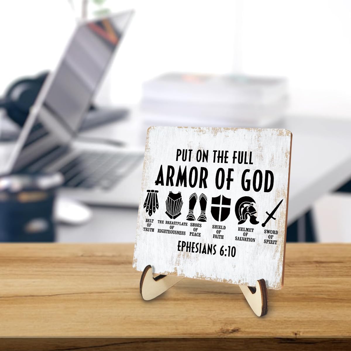 Inspirational Christian Wood Sign Rustic Religious Bible Verse Desk Decor Decorative Faith Jesus Decorations for Home Cave Men Room Decor Office Accessories Table Shelf Wooden Plaque with Wood Stand