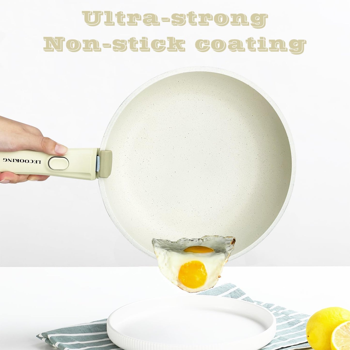 LECOOKING 11 PCS Pots and Pans Set, Cookware set with removable Handles, Dishwasher and oven Safe, Detachable Cooking Set, Induction and Gas Stove kitch set, White