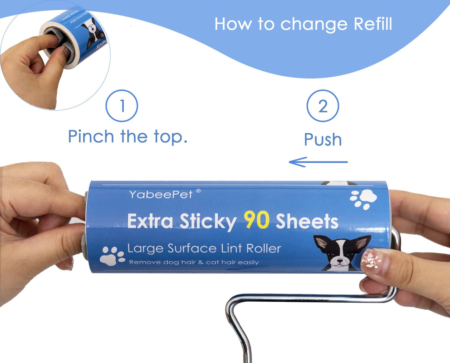 YabeePet Extreme Sticky Large Surface Lint Roller, 6.3'' Giant Pet Hair Remover Roller for Pet Dog Cat Hair, Clothes&Furniture Cleaning, 90 Sheets (1 Roller + 2 Refills)