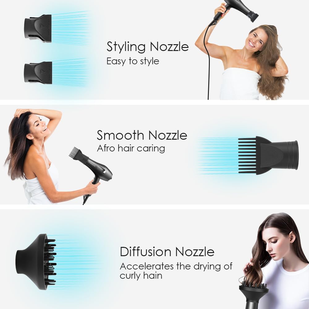 Faszin Ionic Salon Hair Dryer, Professional Blow Dryer AC Motor Fast Drying with 2 Speed, 3 Heat Setting, Cool Button, with Diffuser, Nozzle, Concentrator Comb for Curly & Straight Hair-Black
