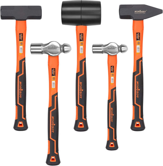 HORUSDY 5-Piece Hammer Set, 16oz and 32oz Ball Pein Hammers, 32oz Rubber Mallet, 3lb Sledge, 3lb Cross Peen Hammer