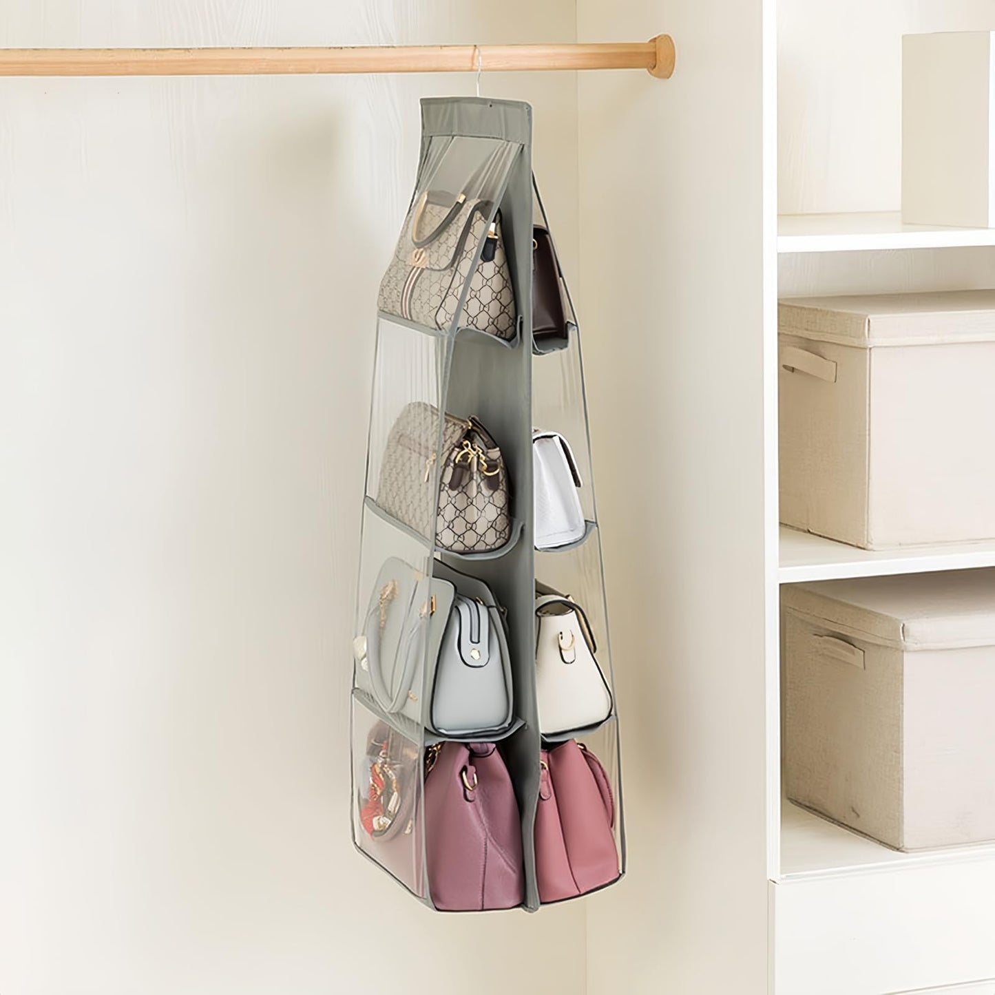 HAN SHENG 8 Pockets Clear Handbag & Purse Organizer Hanging Bag Storage - Space Saving Hanging Shelf for Closet, Wardrobe, Over Door (2 Pack, Grey)