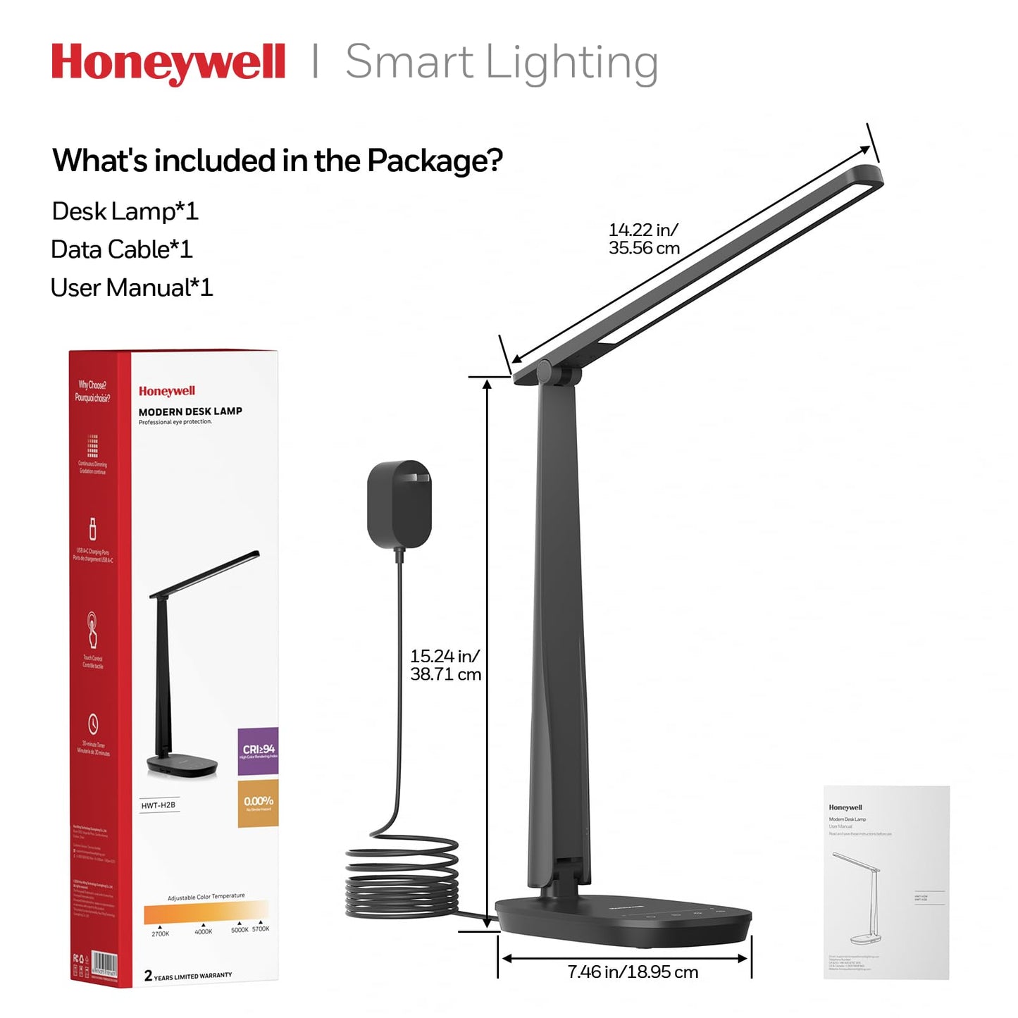 HONEYWELL Desk Lamp for Home Office, Dimmable LED Desk Light with USB A+C Dual Charging, 4 Modes Brightness Touch Lamp with Timer, Eye Caring Foldable Reading Light, Table Lamp for Study Nightstand