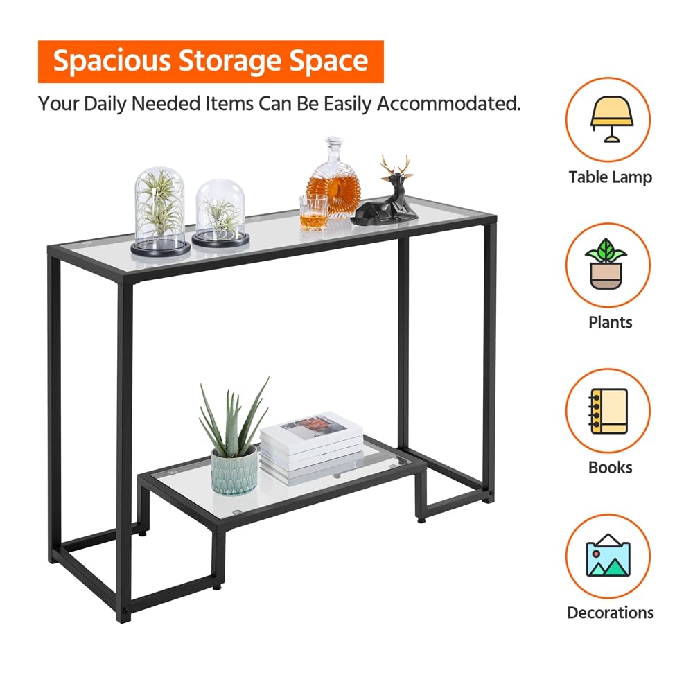 Yaheetech 42 Inch Console Table, Tempered Glass Entryway Table, 2-Tier Sofa Tables with Storage Shelves, Entrance Tables for Hallway Living Room, Black