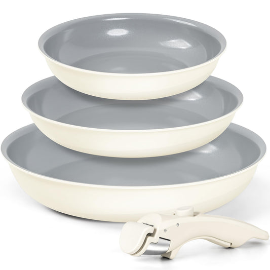 MICHELANGELO Ceramic Frying Pan Set, 8" 9.5" and 11" Fry Pans with Removable Handle, Nonstick Skillet Sets with Non Toxic Coating, PFOS & PFOA Free, Induction Compatible, Beige