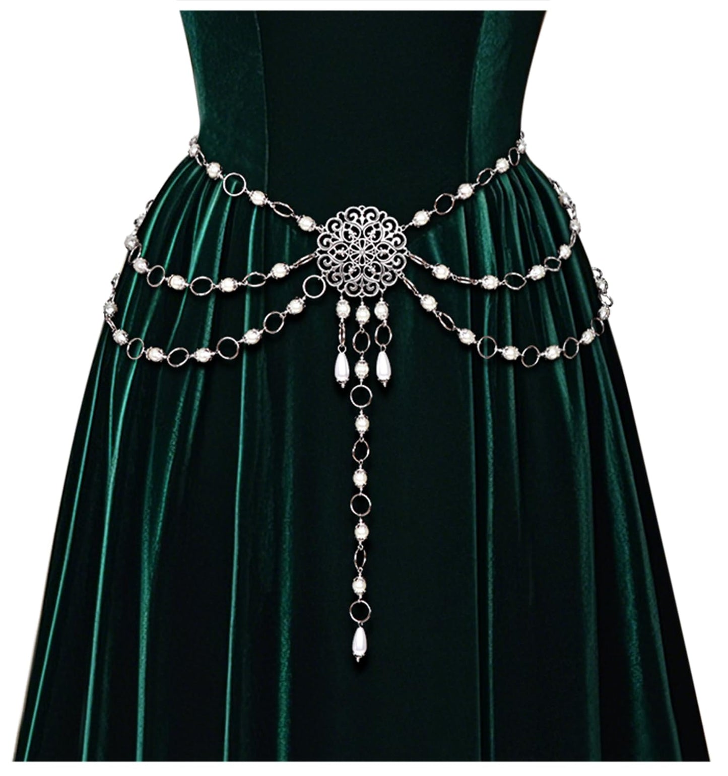 L'VOW Women's Renaissance Belt Medieval Witch Belt Silver Western Waist Chain Belt for Dresses