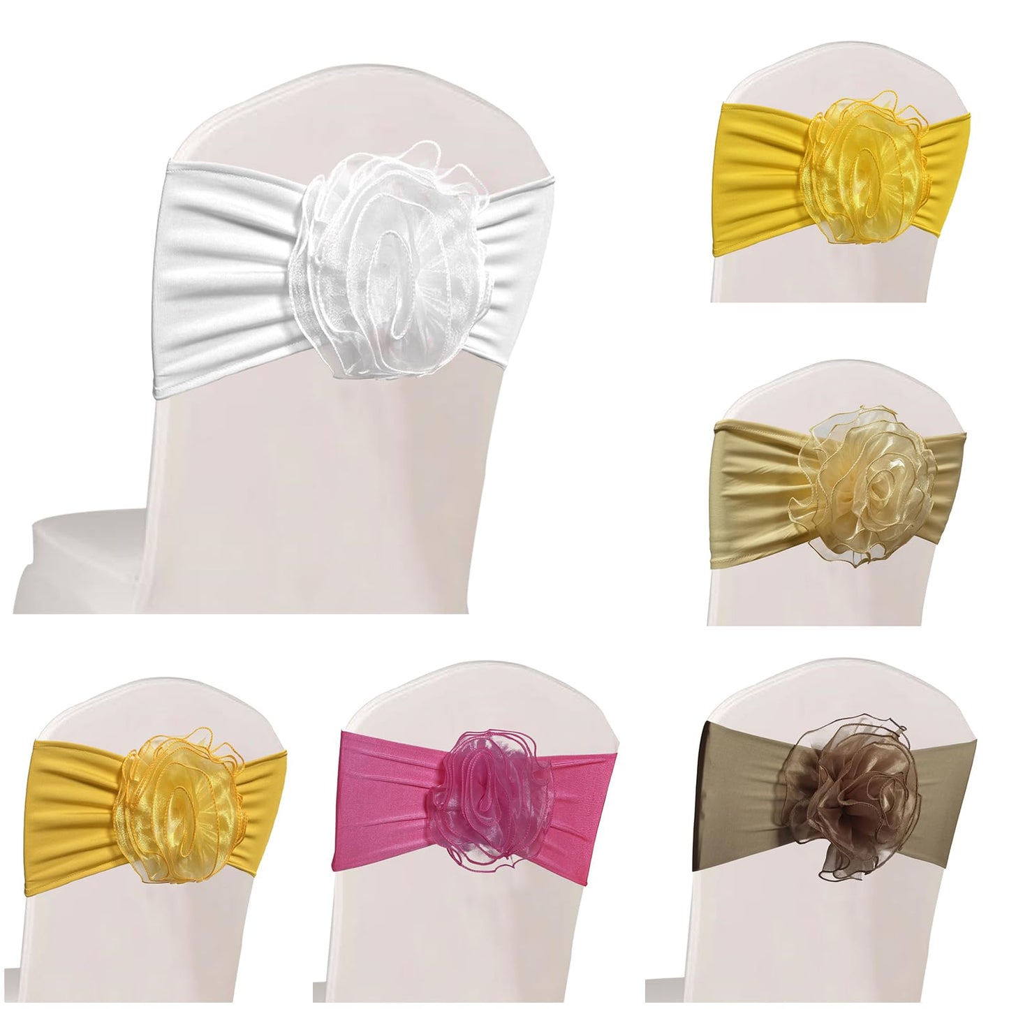 SFN 2 PCS White Flower Chair Sashes Chair Cover Chair Spandex Bands Bows tie for Thanksgiving Christmas Wedding Banquet Birthday Party Events Hotel Decoration