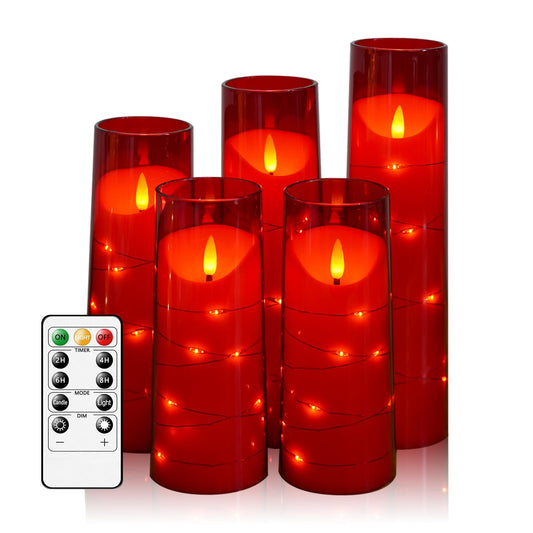 Flameless Candles,with Embedded Star String, Battery Operated Candles Flickering LED Candles with Remote Control and Timer, for Home Decoration Creating an Atmosphere，Set of 5 (Red)