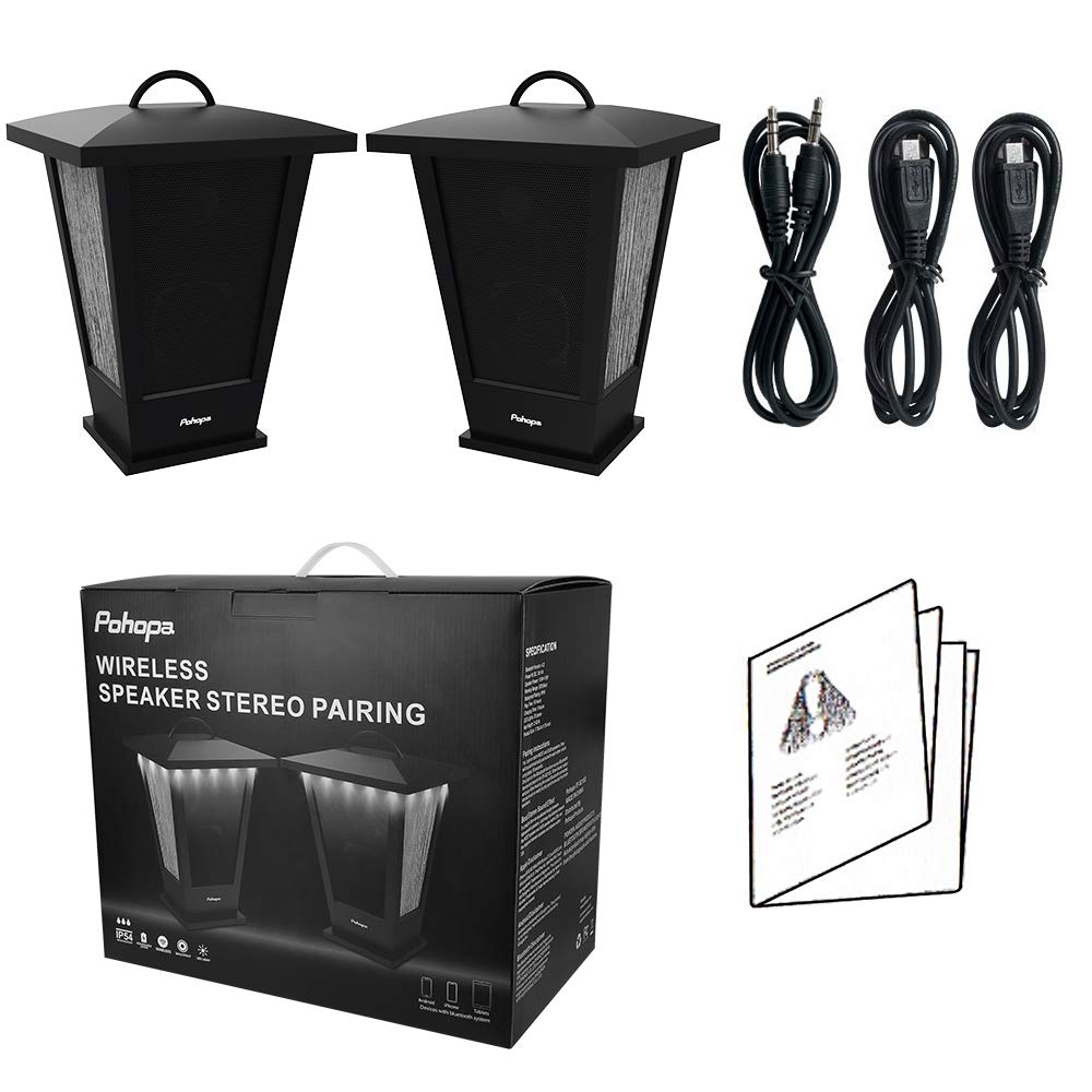 pohopa Bluetooth Speakers Waterproof, 2 Packs True Wireless Stereo Sound 20W Dual Pairing Lantern Outdoor Speakers with 20 Piece Sound Responsive LED Color Lights, Richer Bass, Black