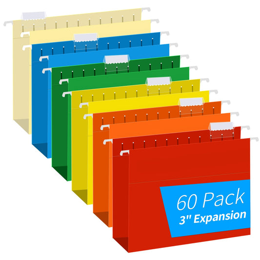 Extra Capacity Hanging File Folders, RAZCC 60 Pack Letter Size Reinforced Hanging Folders with Heavy Duty 2 Inch Expansion for Bulky Files, Filing Cabinet, Adjustable Tabs, Assorted Colors