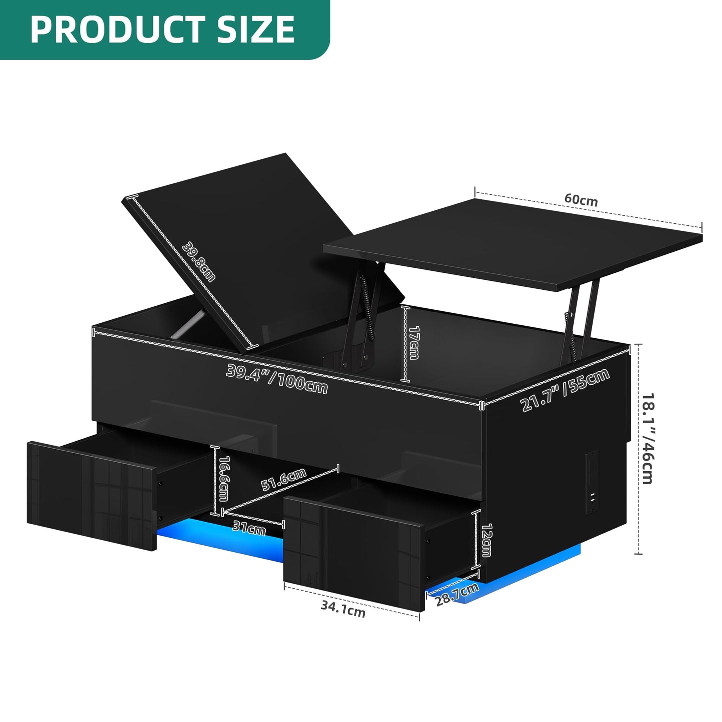 YITAHOME LED Lift Top Coffee Tables with Power Outlets Charging Station for Living Room, Modern Coffee Table with Storage 2 Drawers and Open Shelfs Rectangular Small Coffee Table Decor, Glossy Black