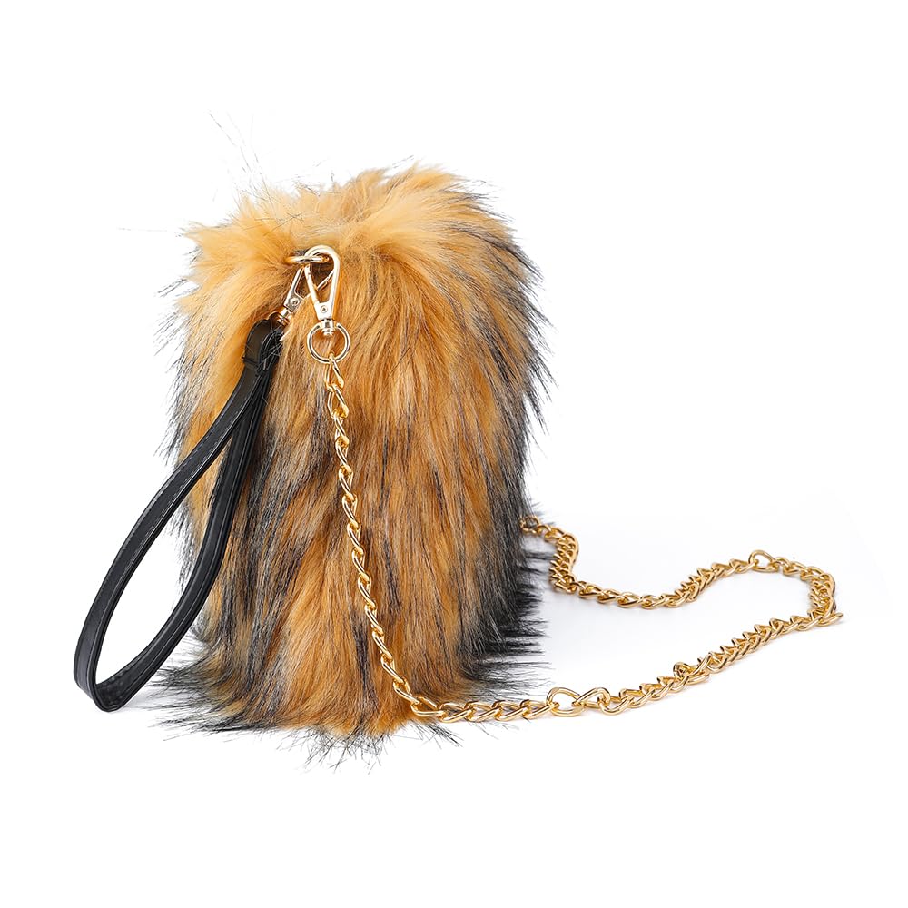 ZOSCGJMY Evening Faux Fur Handbags for Women Furry Fluffy Fuzzy Bags Purse Crossbody Shoulder Strap (Brown)