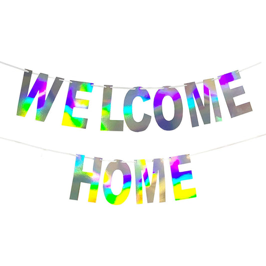 Blukey Pre-Strung Holographic WELCOME HOME Banner Decorations Sign, Iridescent Hanging Bunting String Flag Garland for Deployment Homecoming, Graduation Ceremony, Family Reunion, Military Homecoming Party
