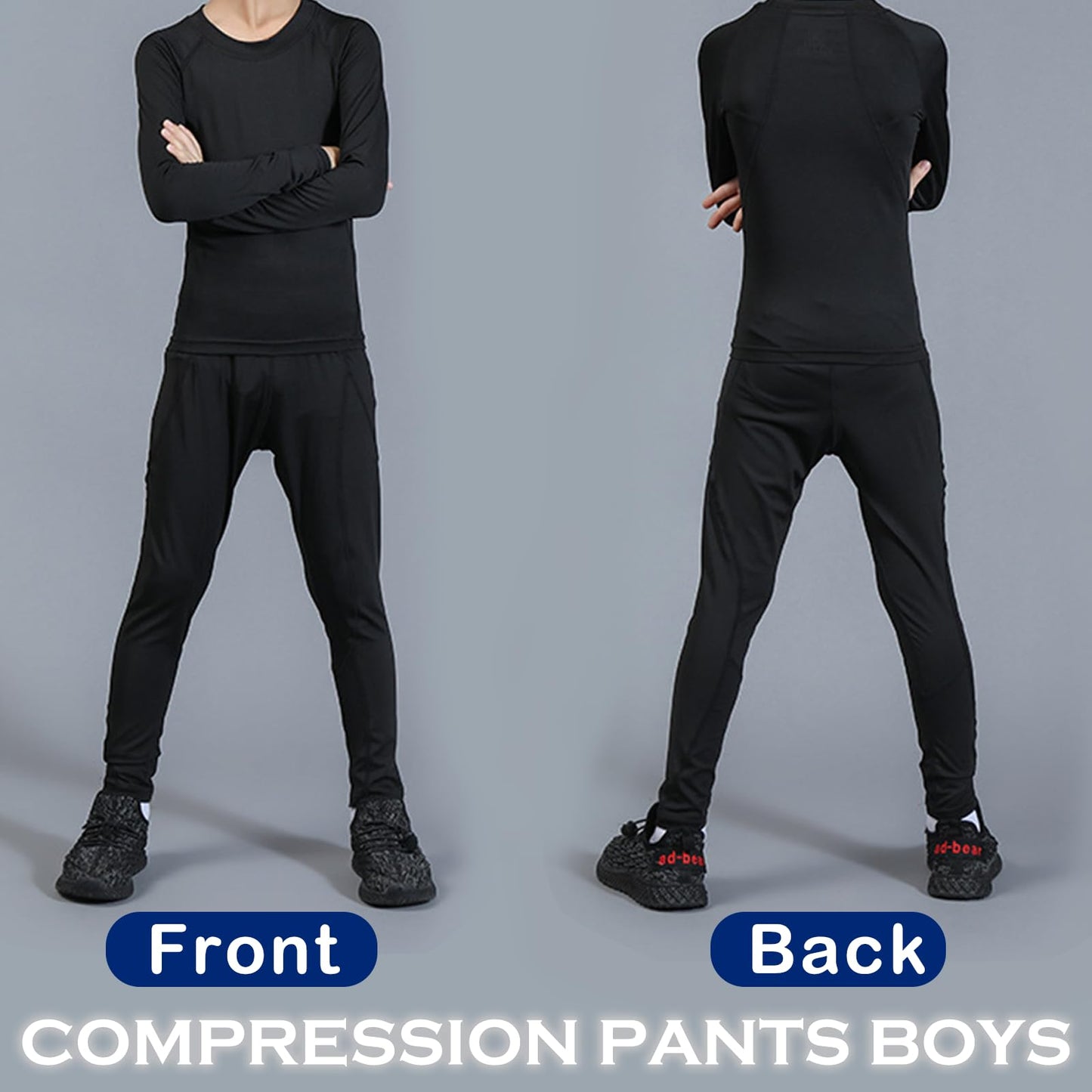 SS COLOR FISH Boys Compression Shirt Long Sleeve and Pants Set Youth Undershirts Athletic Tights Baselayer for Kids Baseball Black