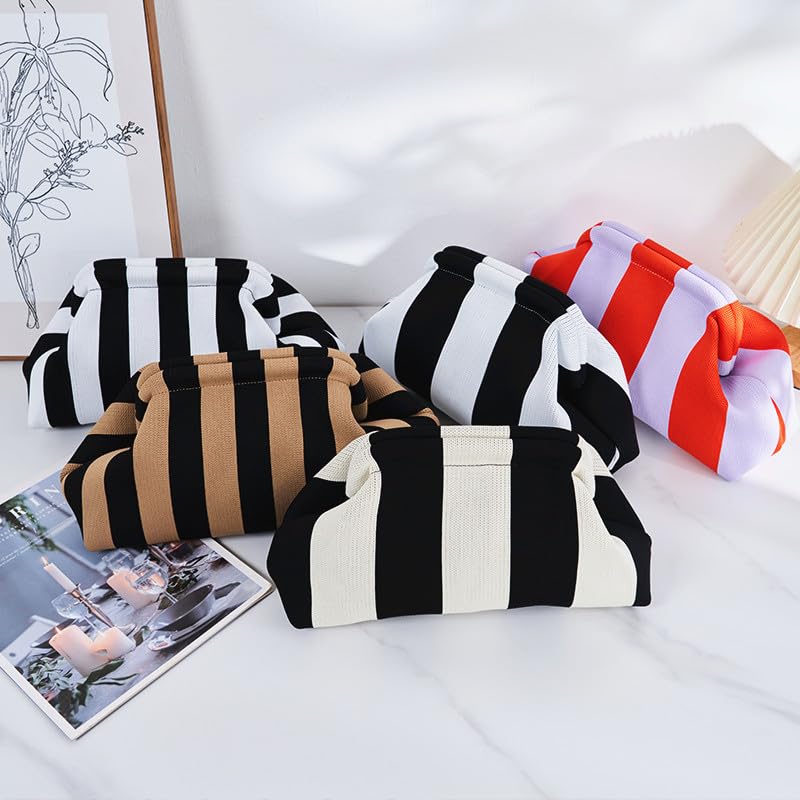 DIHKLCIO Clutch Purses for Women Summer Beach Woven Crochet Handbag Dumpling Striped Ruched Cloud Purse colorblock Evening Bag pink green