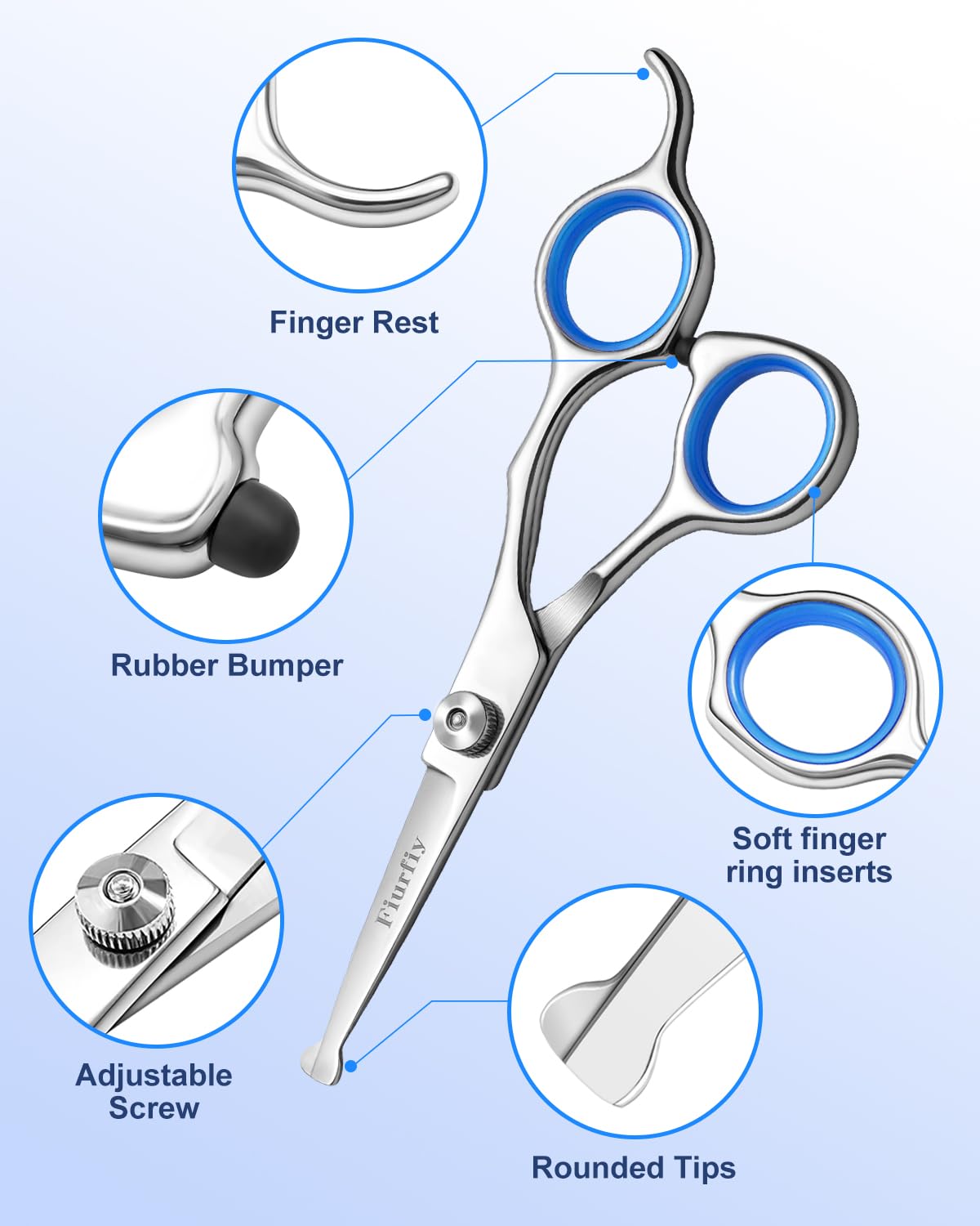 Fiurfiy 6-in-1 Dog Grooming Scissors - Professional Stainless Steel Hair Cutting Kit with Safety Rounded Tips, Ergonomic Soft-Grip Handles for Small & Large Dogs, Cats