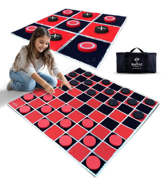 Swooc Games® - 2-in-1 Vintage Giant Checkers & Tic Tac Toe Game W/Mat (4ft x 4ft) - 100% Machine-Washable Canvas - Giant Outdoor Games for Kids - Yard Game for Kids - Jumbo Lawn Set - Large Checkers