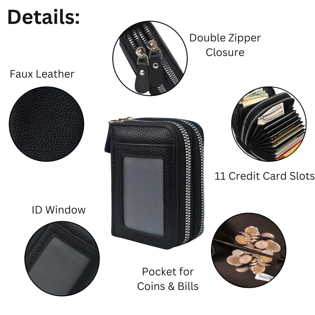 NGIL Small Zippered Faux Leather Wallet for Women, Accordion-Style Card Slot Women Wallet, RFID Blocking Credit Card Holder Wallet, Card Cases & Money Organizers (Black)