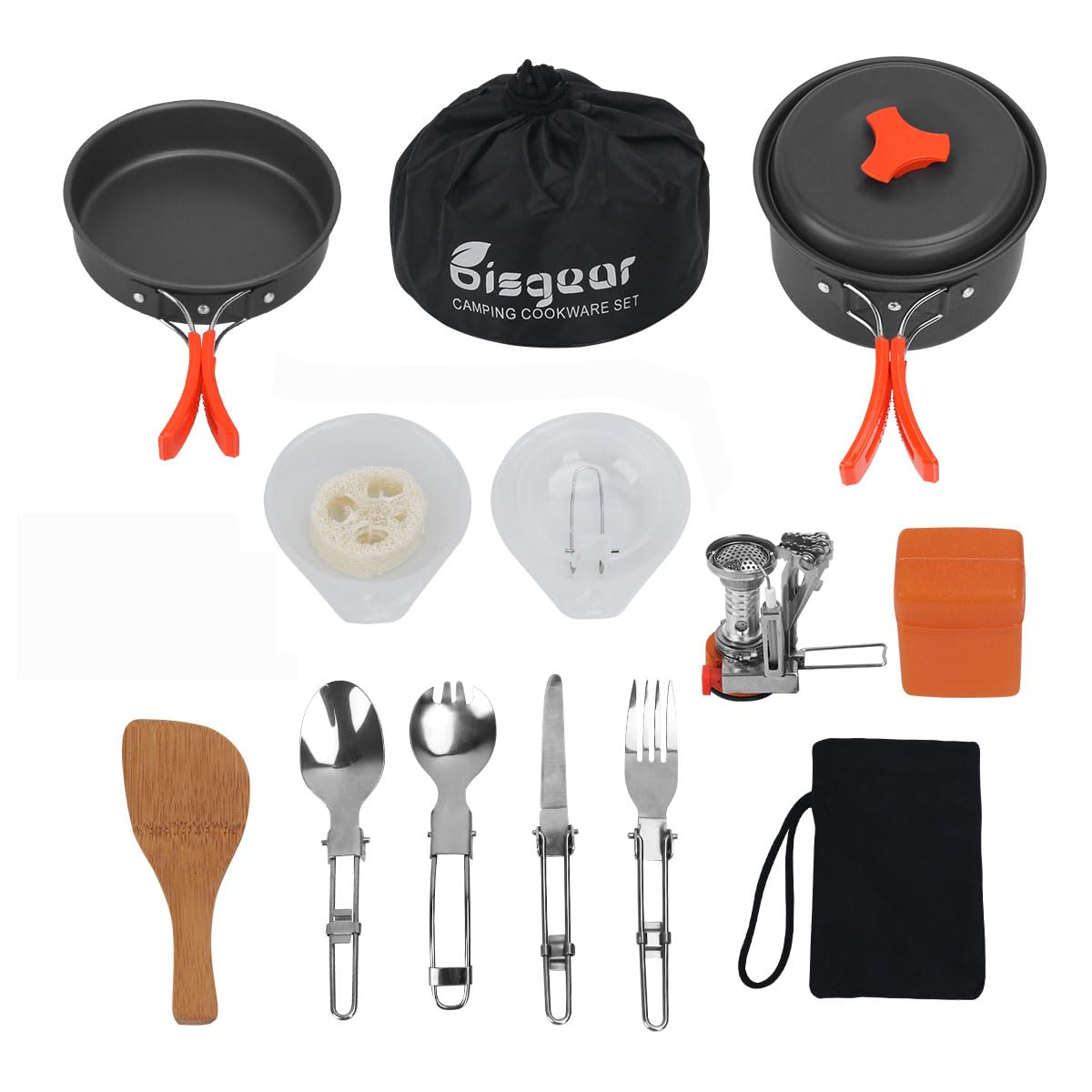 Bisgear 16pcs Camping Cookware Set - Backpacking Stove & Mess Kit - Pots, Pans & Accessories - Survival Gear