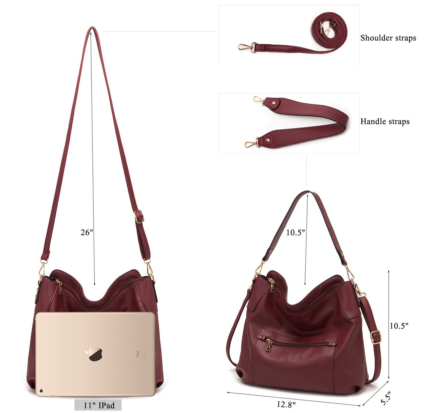 Large Crossbody Bags Ladies Shoulder Handbags Purse and Wallet Set for Women Hobo Purses DeepRed