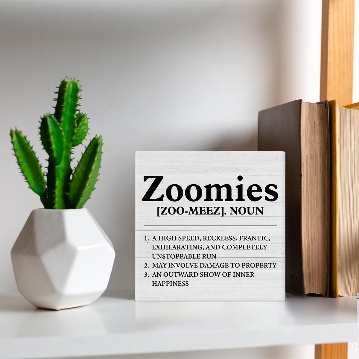 Dumyum Dog Lover Gift Zoomies Definition Wooden Box Sign Dog Theme Desk Decorative Wooden Sign Home Decor for Desk Table Shelf 5 x 5 Inches