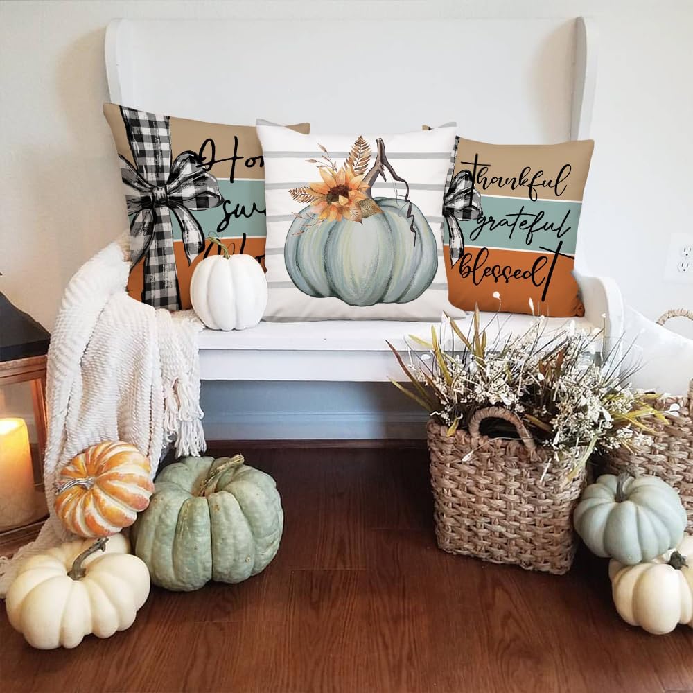 AACORS Fall Pillow Covers 18 x 18 Inch Set of 4, Pumpkin Home Sweet Home Thankful Grateful Blessed Harvest Floral Decorations Autumn Seasonal Pillow Case Decor for Sofa Couch AA275-18