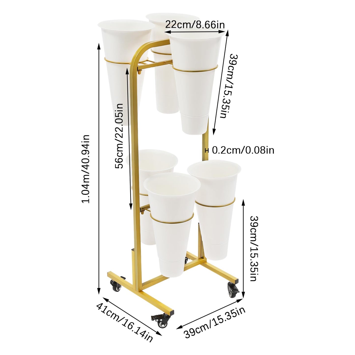 Nozue Flower Display Stand, 2Layers Metal Plant Stand with Wheels, with 6pcs Buckets, Portable Plant Moving Cart Frame for Indoor, Florist, Living Room (Gold - White Round Bucket)