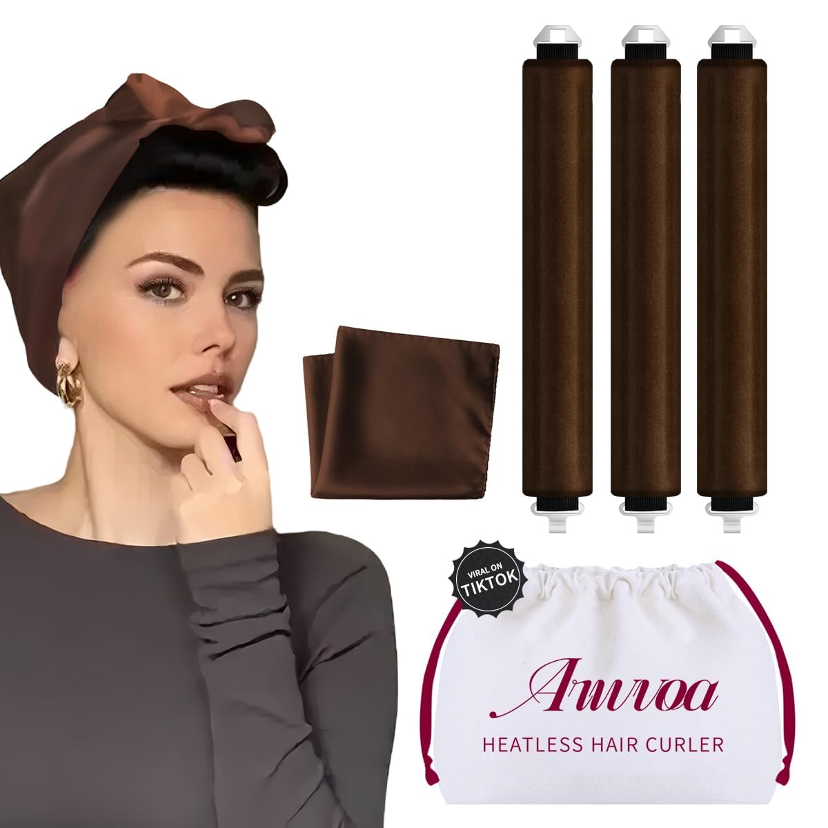 Heatless Hair Curler Heatless Curls Overnight Heatless Blowout with Luxury Cloth Bag Silk Scarf, Curling Rod Headband to Sleep in No Heat Curling with (Brown, 3Rods)