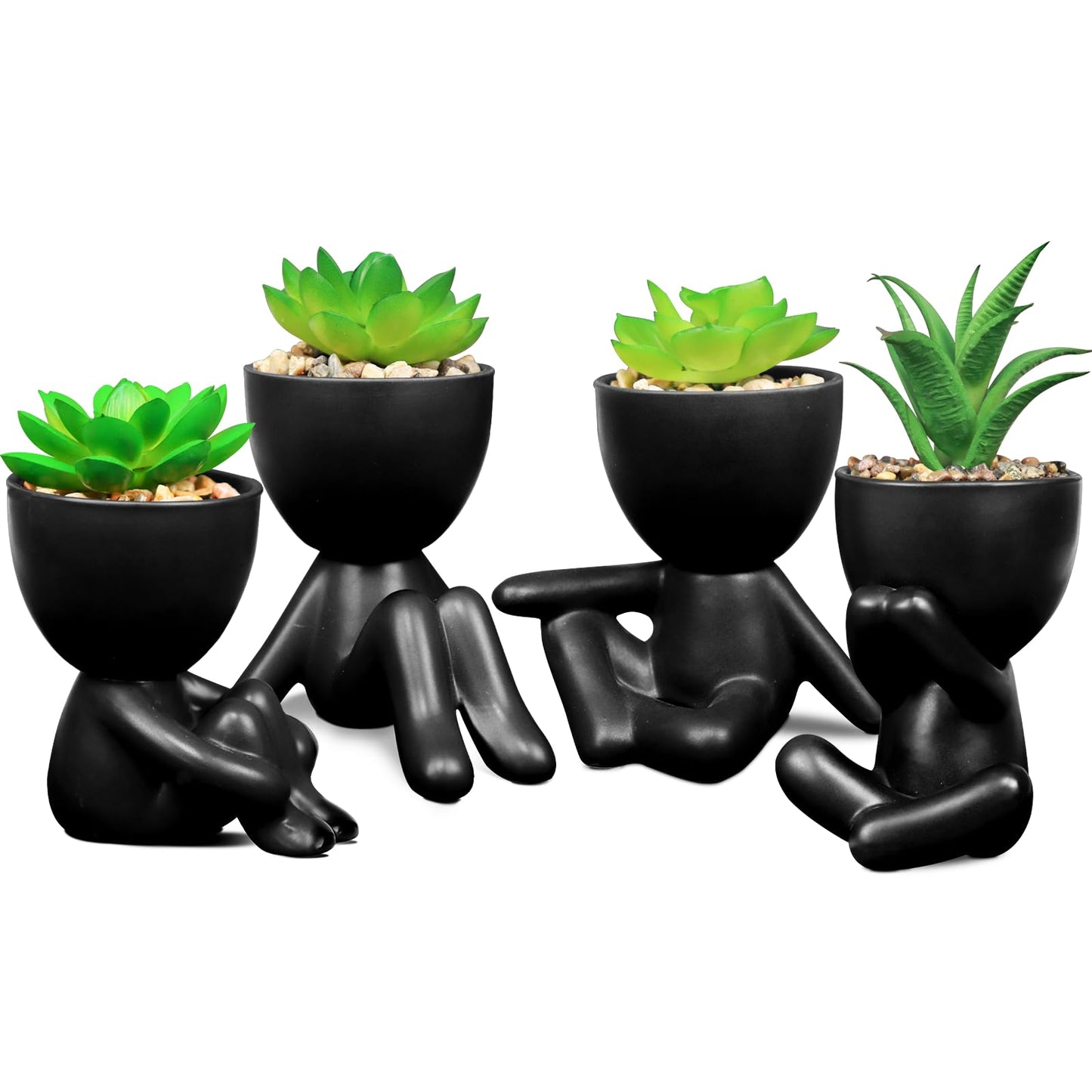 SEMSOIIO Pack of 4 Black Cute Fake Plants, Artificial Succulent Plants with Creative Human Shaped Pots,Mini Potted Desk Plants for Office Bathroom Shelf Cubicle Home Decor (Matte Black)