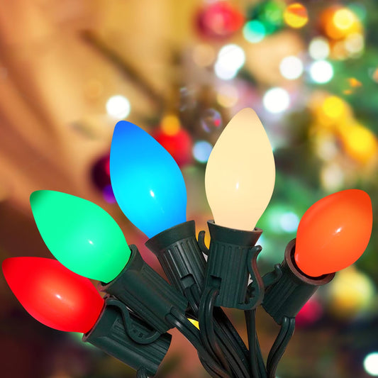 PASUTO C7 LED Multicolor Christmas Lights 20Ft Outdoor String With 22 Ceramic Bulbs, Hanging Vintage Decorations for Party Indoor Outdoor, Green Wire