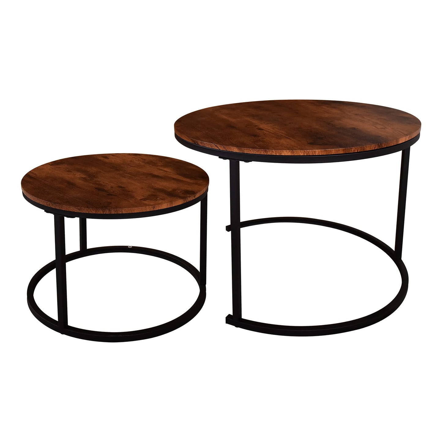 HOMERECOMMEND Round Coffee Table Set of 2 Modern Nesting Side End Table for Living Room,Round Wooden Coffee Table with Solid Powder-Coated Metal Frame, Rustic Brown/Black