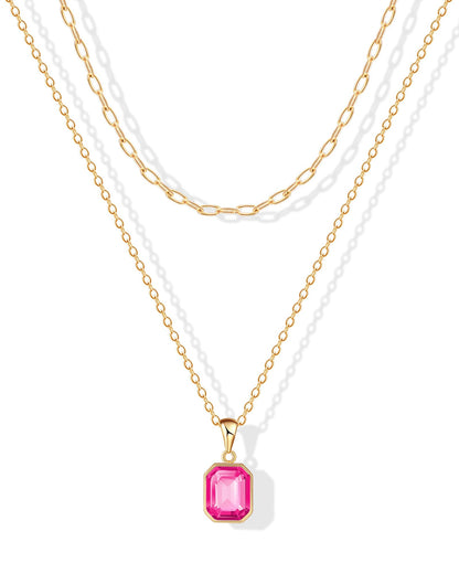 ACECHA Gold Layered Necklaces for Women, 18k Gold Plated Paperclip Chain Choker Necklace with Rectangle Crystal Birthstone Pendant Dainty Emerald Green Jewelry Gifts