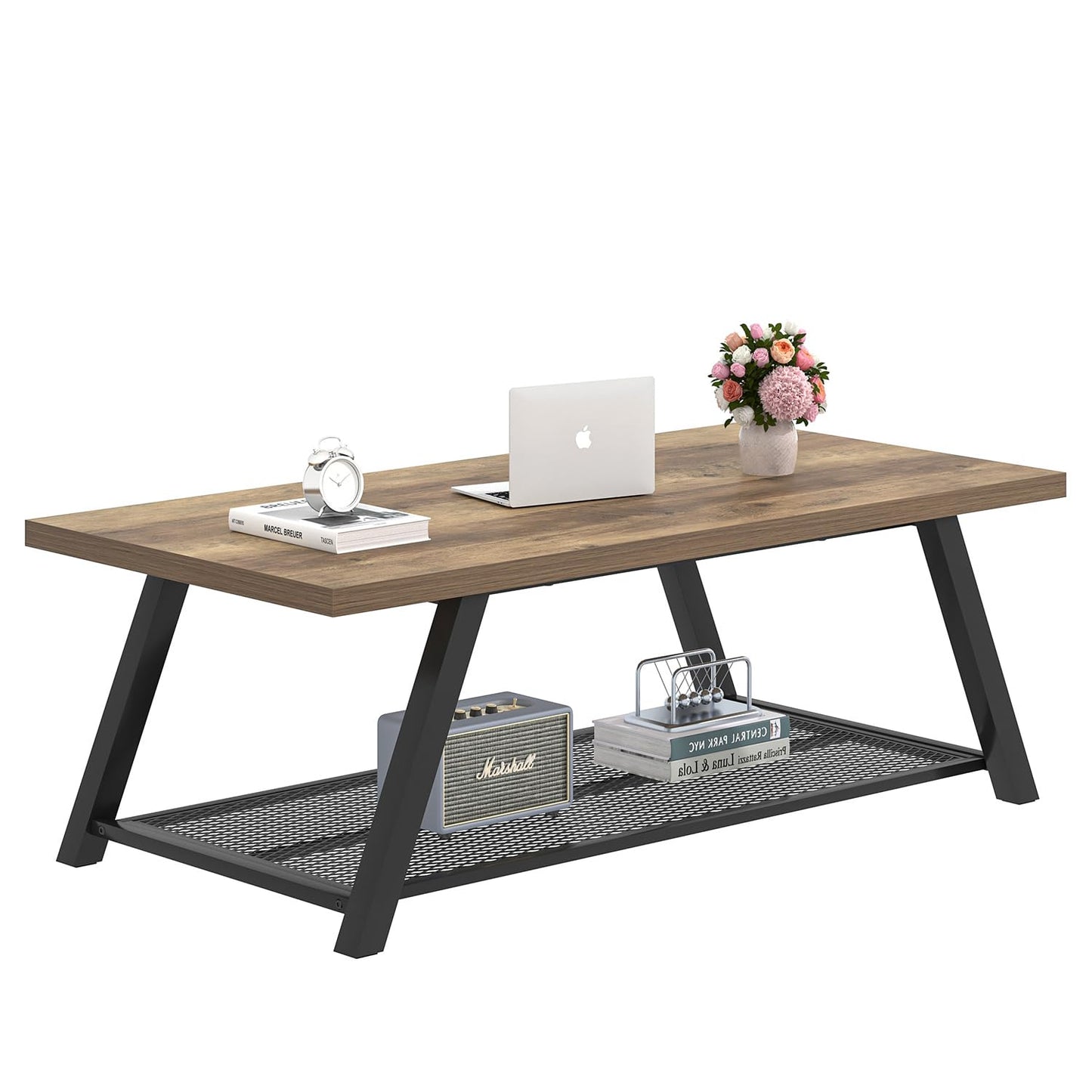 FOLUBAN Coffee Table, Modern Rustic Wood and Metal Center Table with Storage, Industrial Cocktail Tea Table for Living Room, Oak, 47 Inch