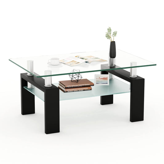 Rectangle Tempered Glass Coffee Table, Metal Leg Glass Tables for Living Room, Coffee Table for Home Office or Conversation Leisure Occasions, Rectangle Glass Table