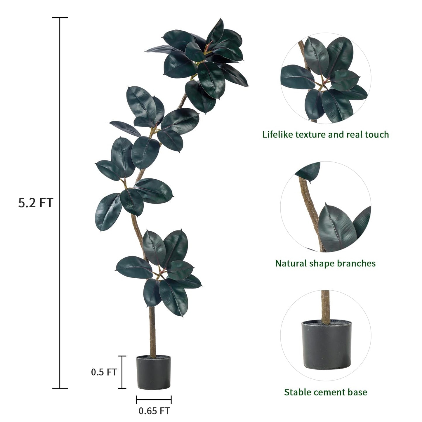 Bailikang 5.2ft Artificial Rubber Tree Faux Plants Indoor Faux Floor Artificial Trees Indoor,Fake Plant Fake Tropical Plants,Large Floor,Real Touch Rubber Tree for Home Decor