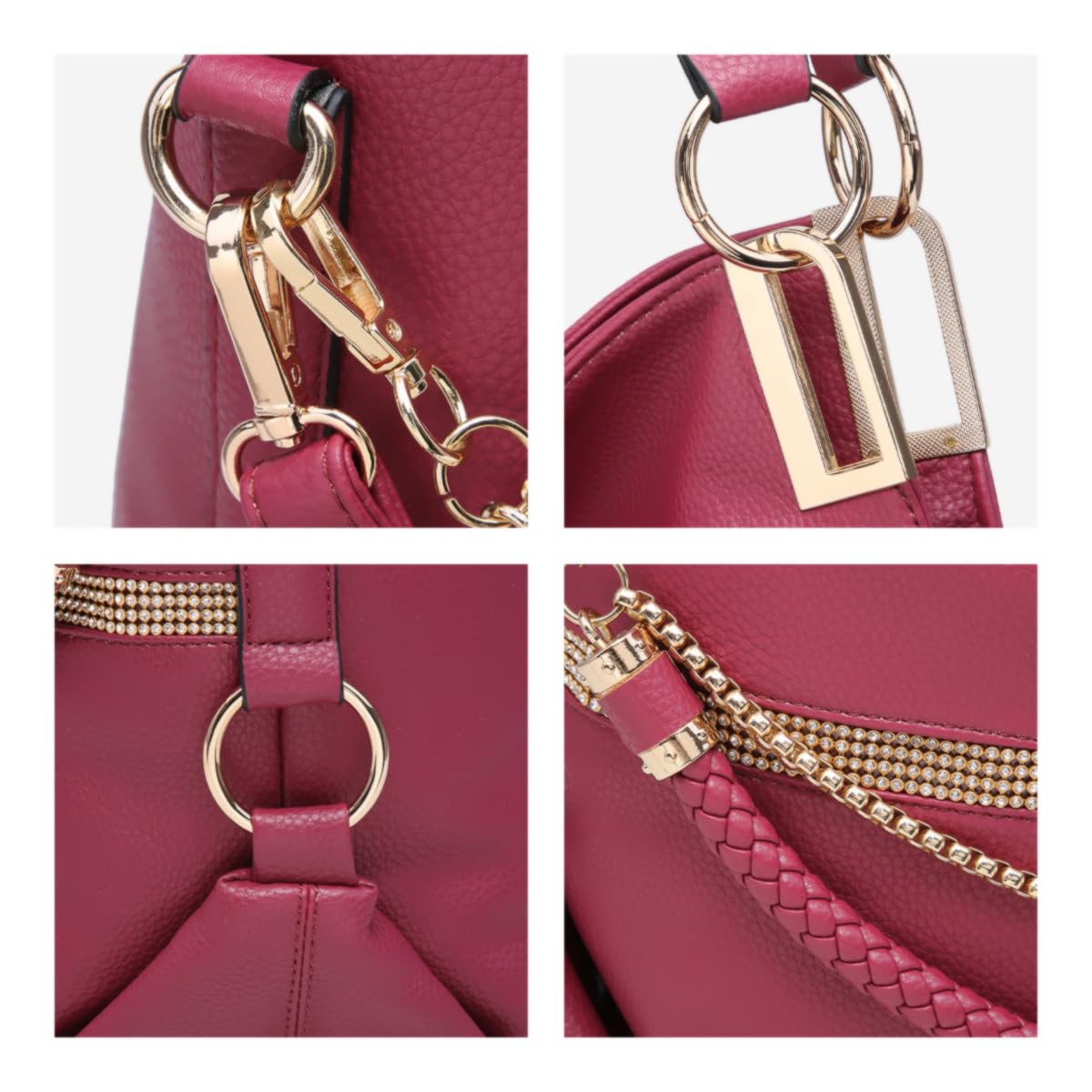 Dasein Women's Large Hobo Bag with Rhinestone Accents Vegan Leather Tote Purse Shoulder Handbag for Ladies (Wine Red)