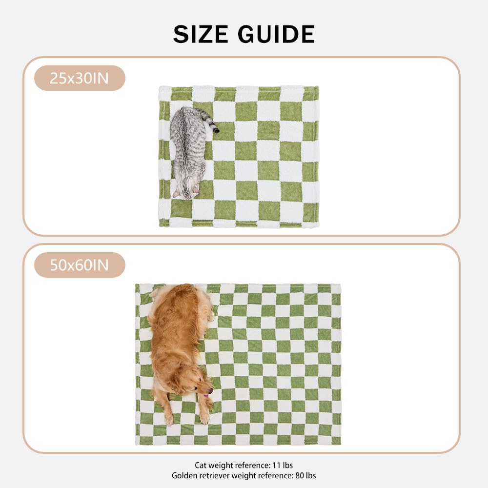 Qeils Jacquard Dog Blankets for Large Dogs, Cozy Calming Cat Blankets Washable, 280GSM Coral Fleece Plush Fluffy Throw Blanket, Sage Green Checkered, 30x40IN
