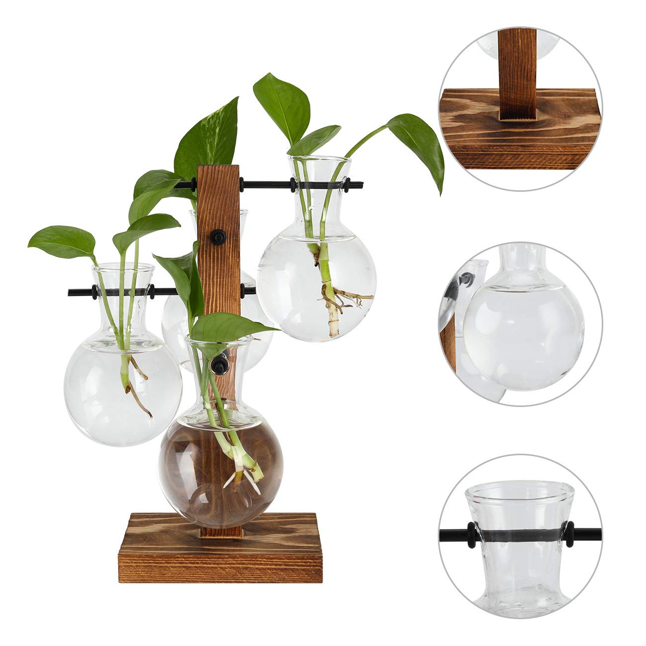 PAG Planter Terrariums Kit Desktop Hydroponics Air Plant Holder with 4 Bulb Beaker Glass Vase and Solid Wood Stand, Home Office Decoration Gardening Gift for Women