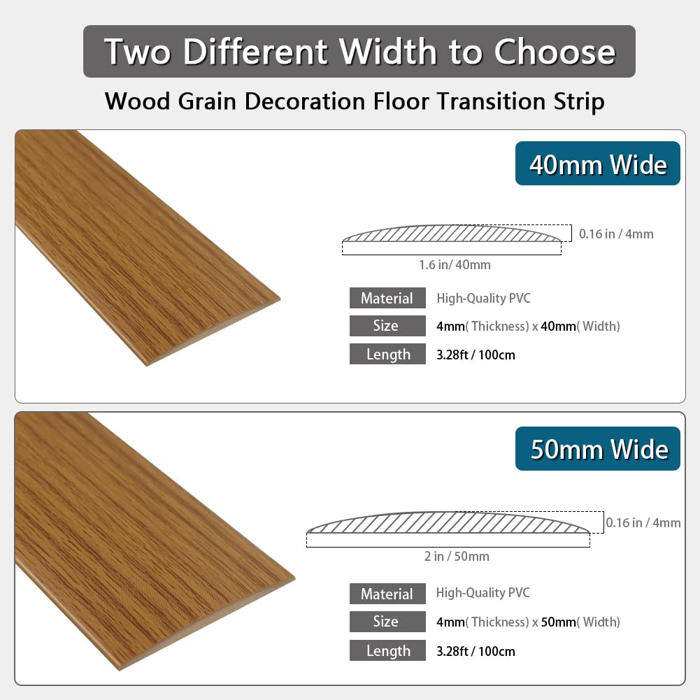 Floor Transition Strip 2" Self Adhesive Flat Vinyl Flooring Transitions Strip with Strong Backing Wood Grain 5cm, 3.28FT, Brown Wood Grain