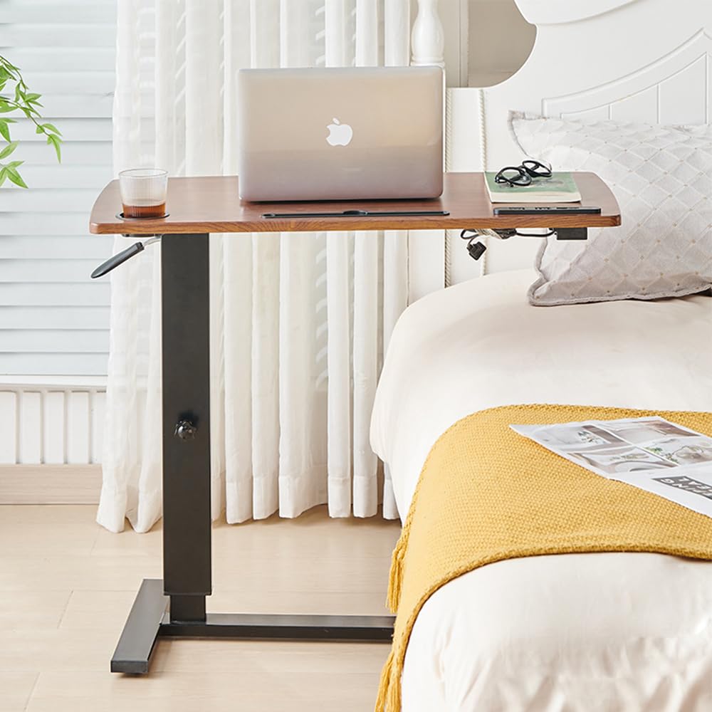 Over Bed Table Pneumatic Adjustable Height Stand Desk with Hidden Casters Foldable Mobile Laptop Computer Standing Desk with USB Ports Pad
