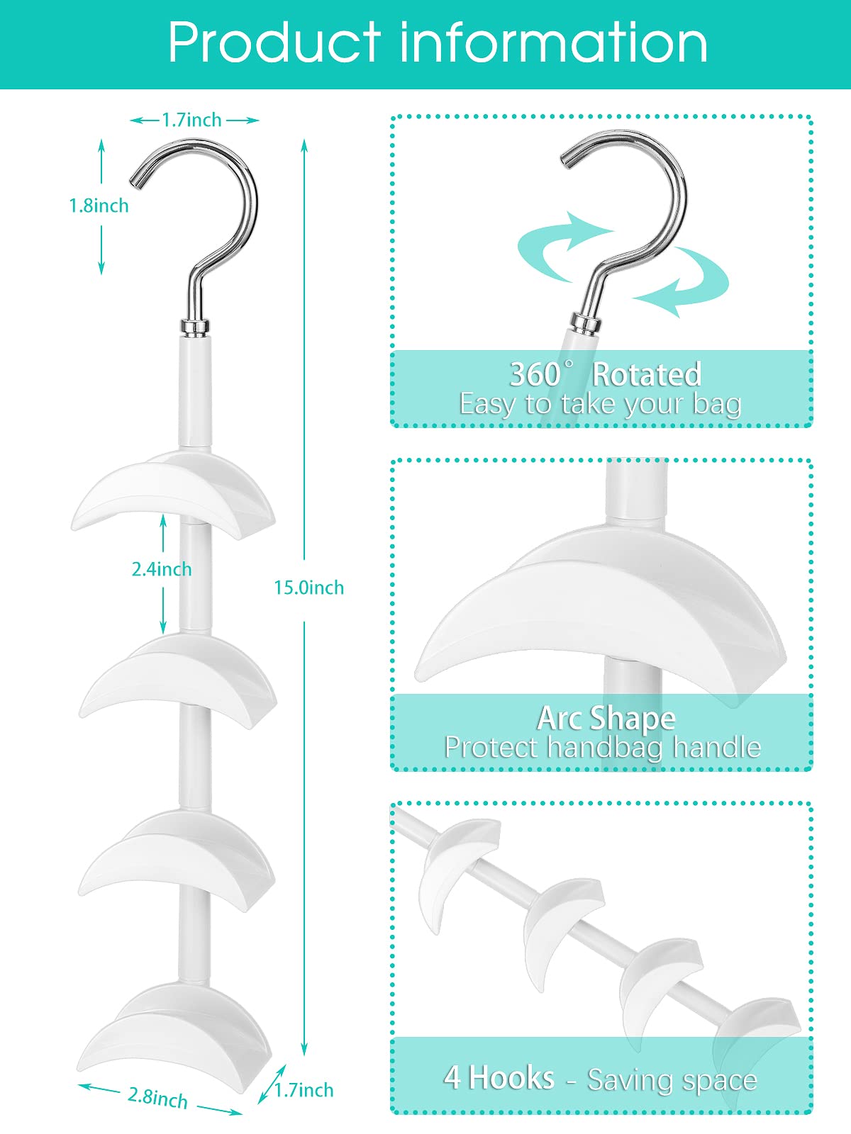 Purse Hanger for Closet - Rotating Handbag Hanging Hook Bag Storage Space Saver with 4 Hooks, Hanging Organizer for Scarf Handbag Belt