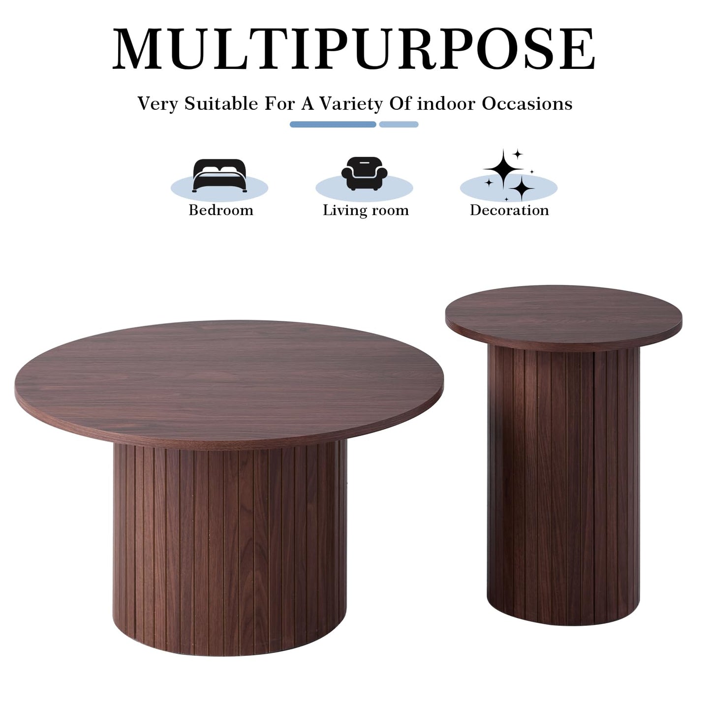iQunLeo Small Round Coffee Table Set of 2, Wood Finish Nesting Coffee Tables, Boho Circle Side Table for Living Room (φ27.6 Large Short + φ15.8 Small Tall)