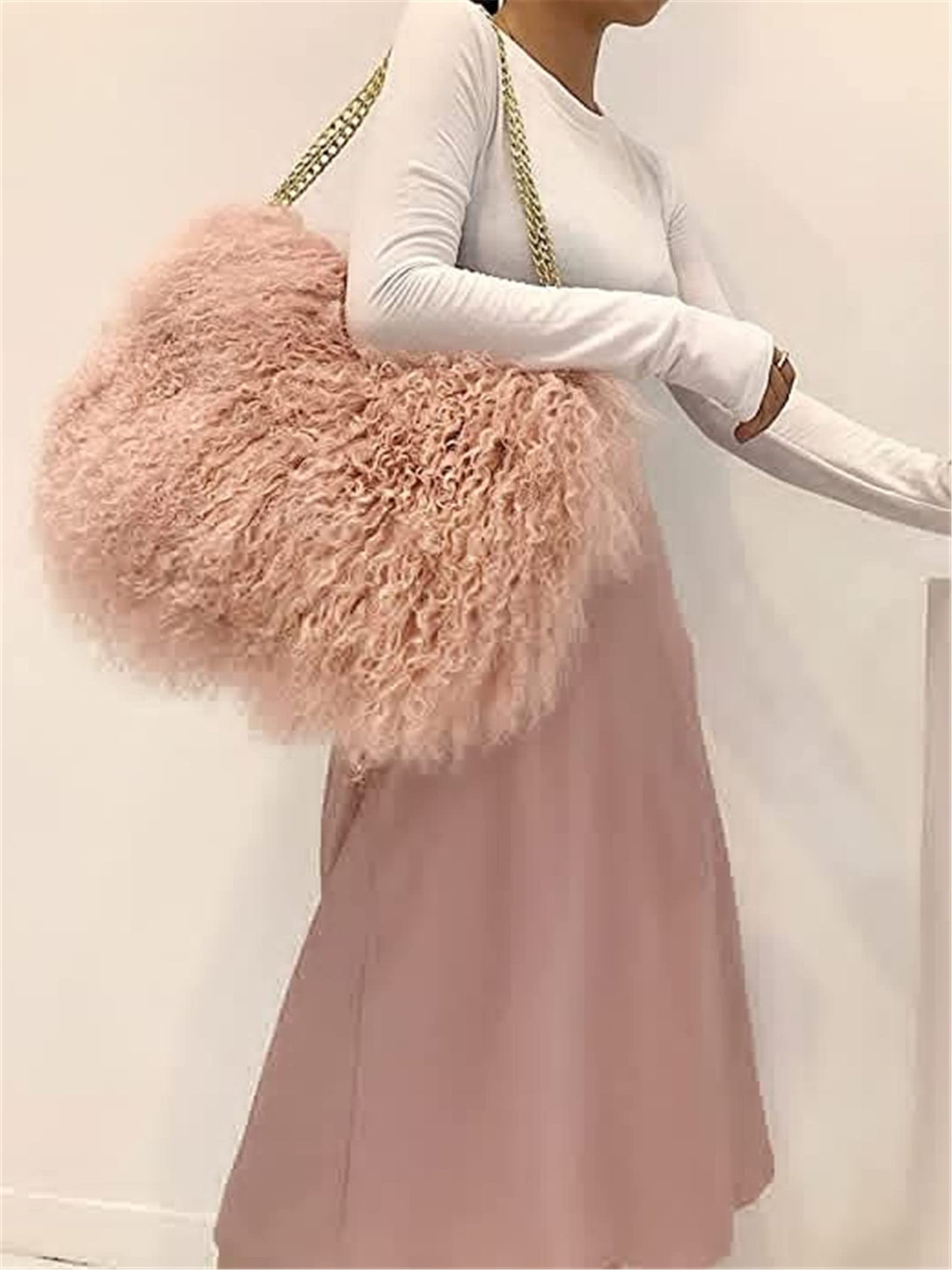 ME-01 Big Fluffy Fur Handbag With Real Mongolian Lamb Fur Long Curly Hair And Long Exchangeable Silver Chain Luxury Shoulder Bag Furry Clutch For Women (One Size, Apricot)