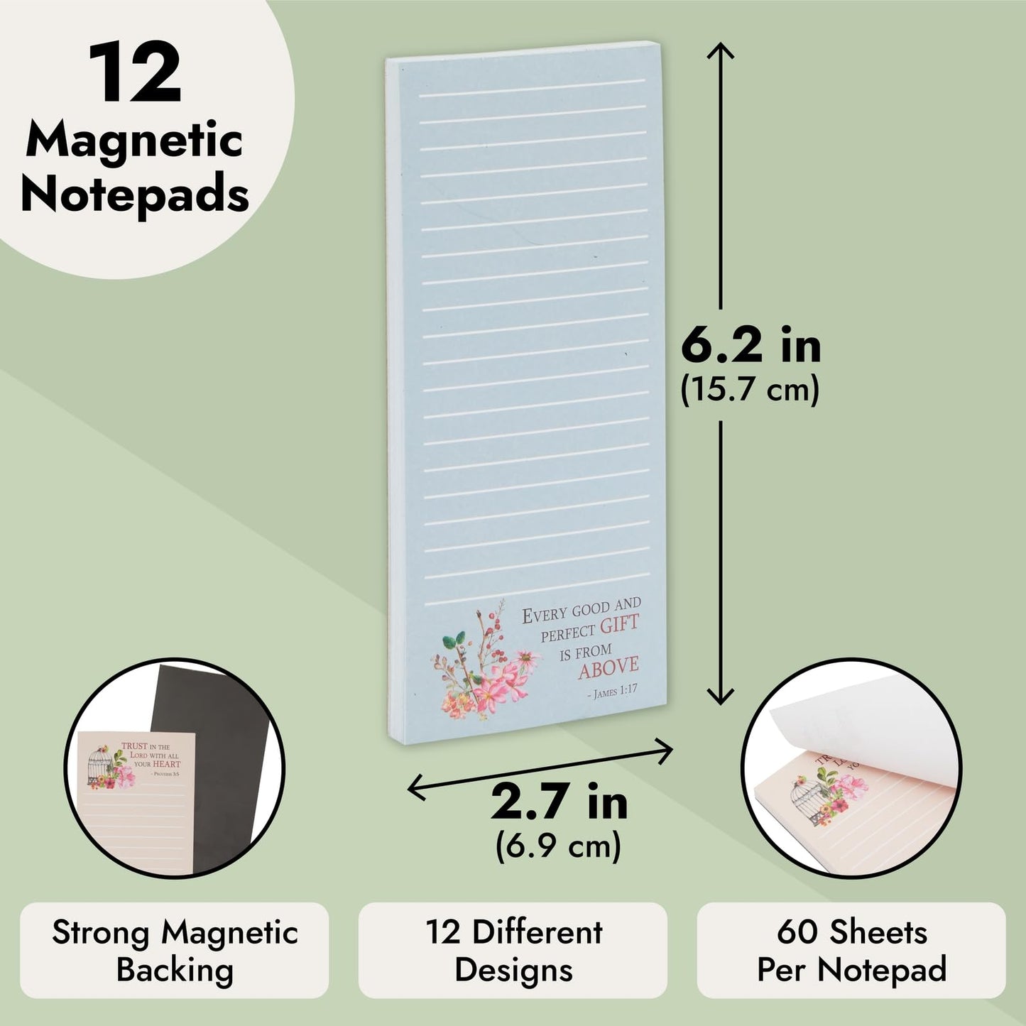 Juvale 12 Pack, 60 Sheet Christian Notepads, Magnetic Memo Pads for Refrigerator, Religious Stationery - Bible Verse Note pads for Prayer, Grocery and Shopping List - 2.75x6.25 Inch