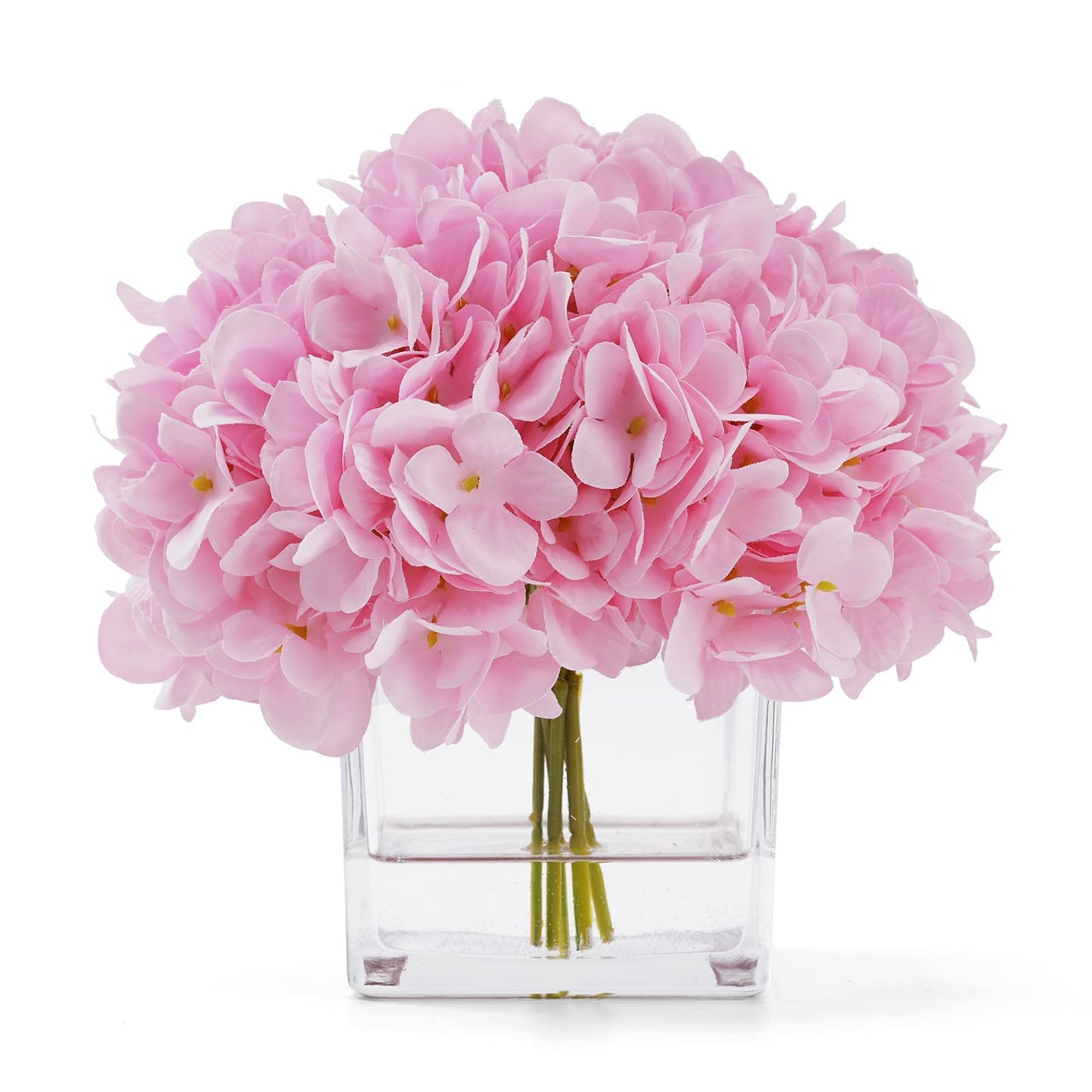 rubystory Silk Pink Hydrangea Artificial Flowers in Vase with Faux Water, Silk Flower Arrangements in Vase for Home Decor, Wedding Table (Pink)