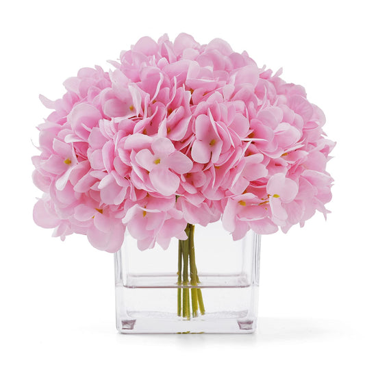 rubystory Silk Pink Hydrangea Artificial Flowers in Vase with Faux Water, Silk Flower Arrangements in Vase for Home Decor, Wedding Table (Pink)