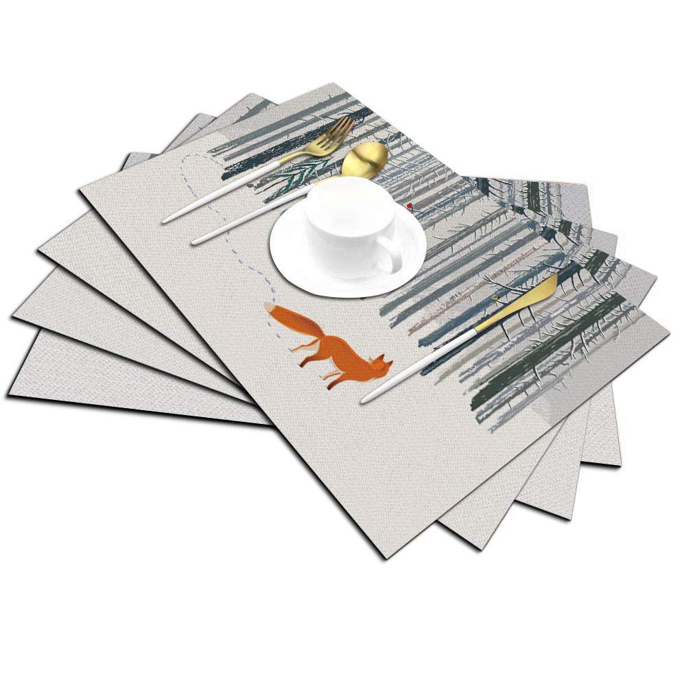Fox Placemats Set of 4, Winter Forest Landscape Fox Bird Placemats Heat Resistant for Dining Table Non-Slip 18x12 Inches